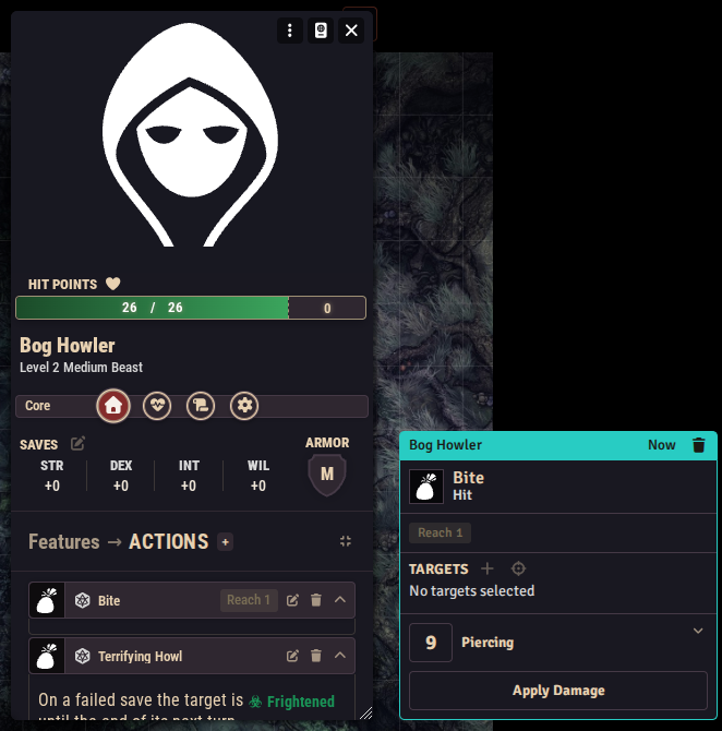 The Bog Howler's Core tab with the Bite and Terrifying Howl actions listed, and the chat card from activating Bite