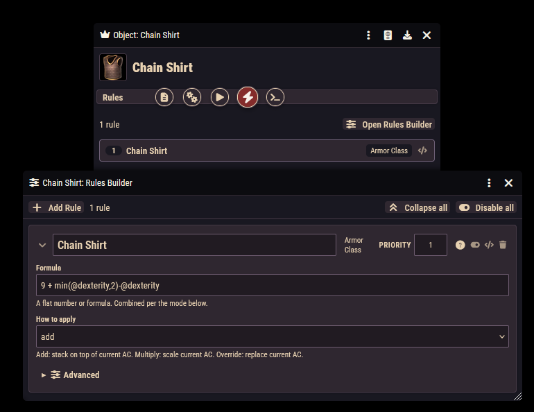 The Rules tab on an object sheet, showing the rule list and the "Open Rules Builder" button