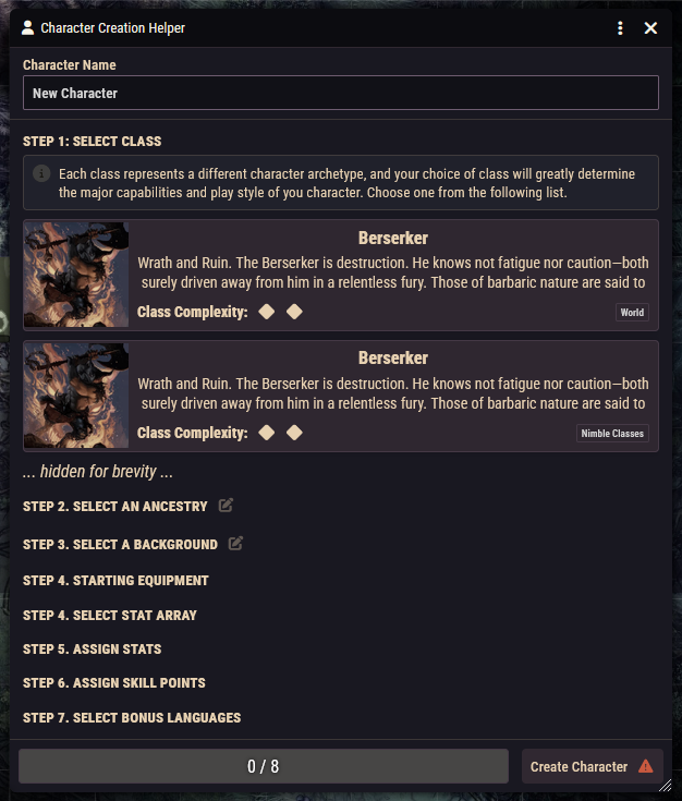 The character creation helper open on the class selection step