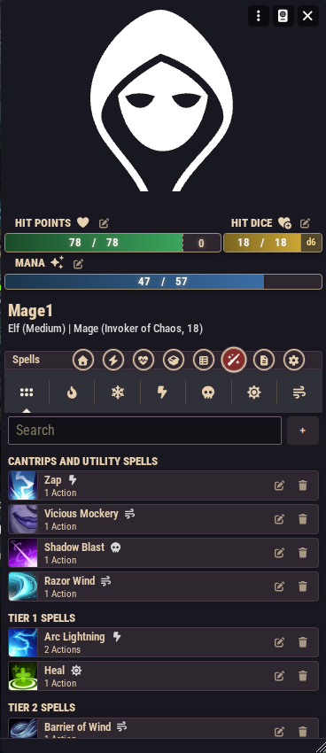 The spells tab with the school filter and a spell card visible