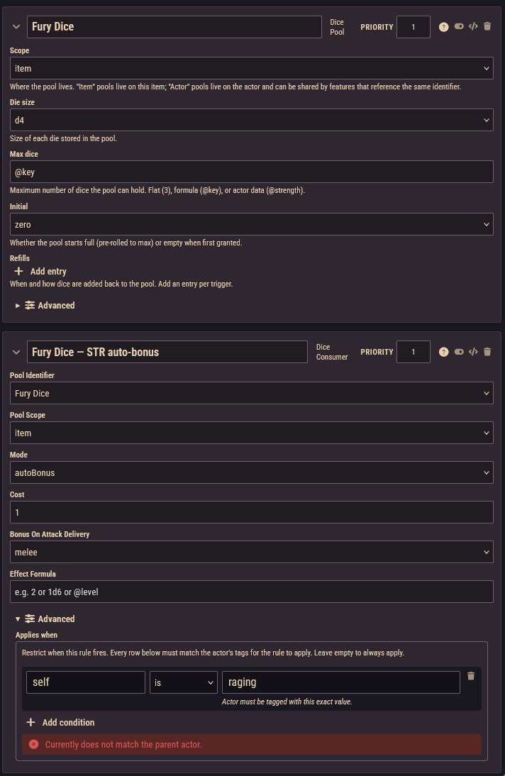 A rule card with the Advanced section open, showing the "Applies when" Condition box with one row filled in