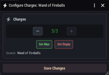 The charge configuration window showing a pool card with plus/minus buttons and Max/Empty shortcuts