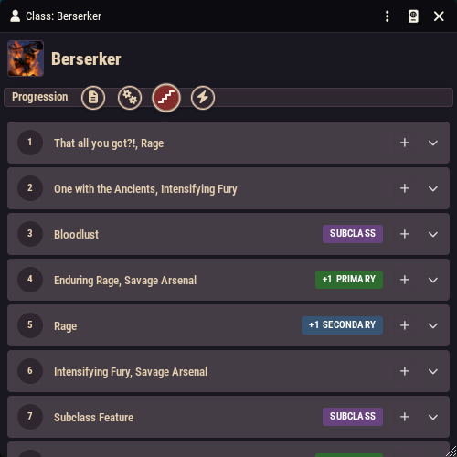 A class Progression tab showing level rows, an auto-granted feature, and a choice group