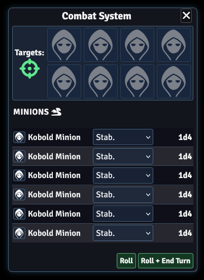 The Combat System panel open with several minions selected, actions chosen, and a target picked