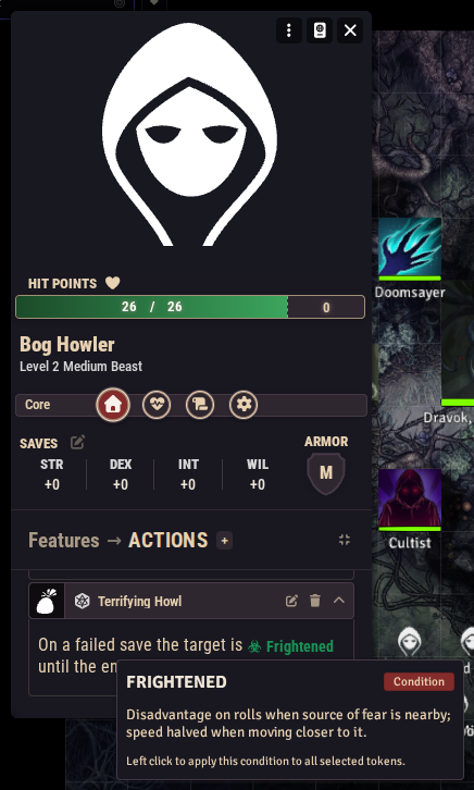 An item description containing a Frightened condition button, with its tooltip open showing the condition rules