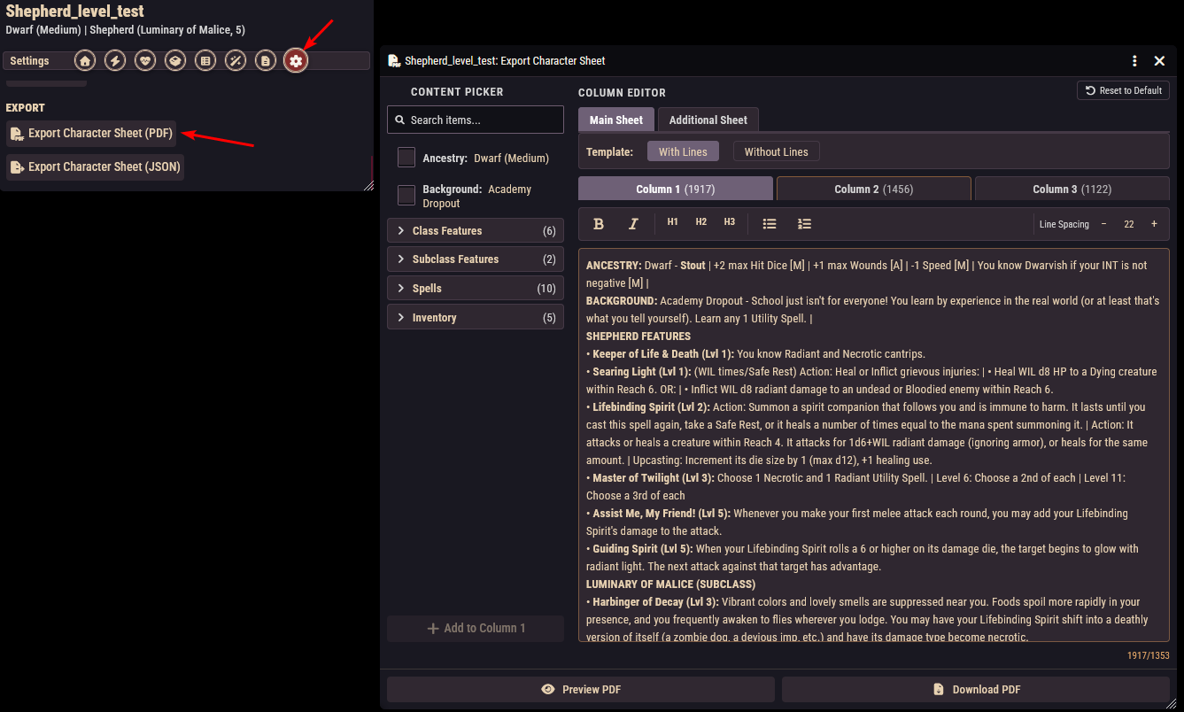 The PDF export dialog with the content picker on the left and the column editor on the right