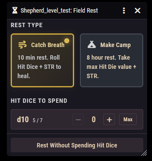 The field rest window showing the Catch Breath / Make Camp cards and the hit dice spend rows
