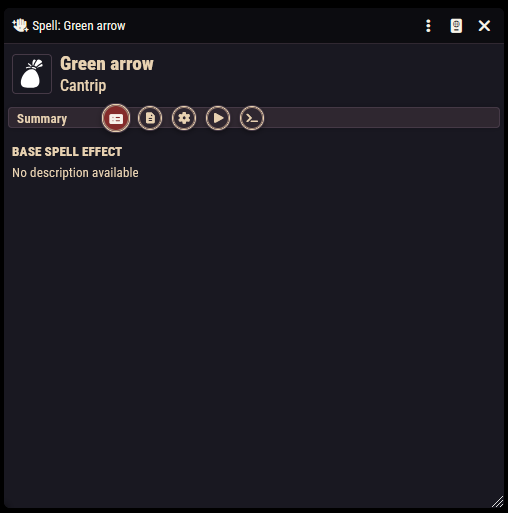 A new spell item open on the Configuration tab