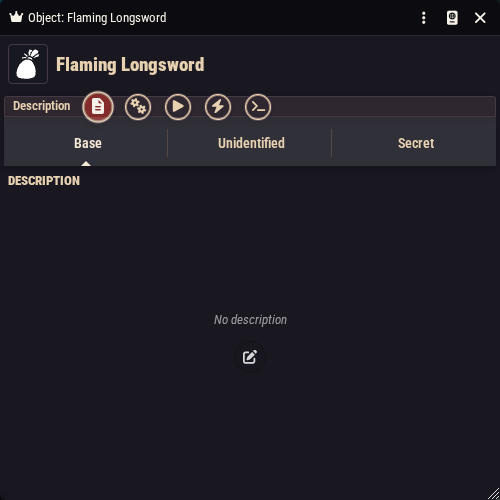 A freshly created Object item, with the five tab icons visible on the sheet edge