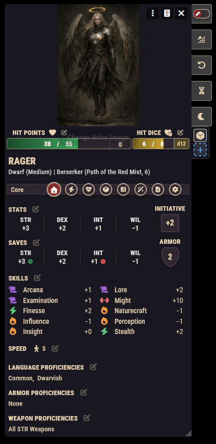A filled-out character sheet, front page, showing stats, hit points, and inventory
