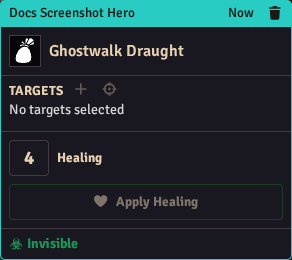 A chat card for the Ghostwalk Draught showing the healing roll with Apply Healing and the Invisible condition button