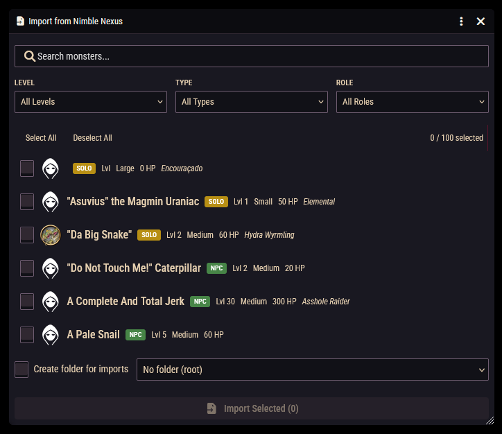 The Nimble Nexus import window with search results and a few monsters selected