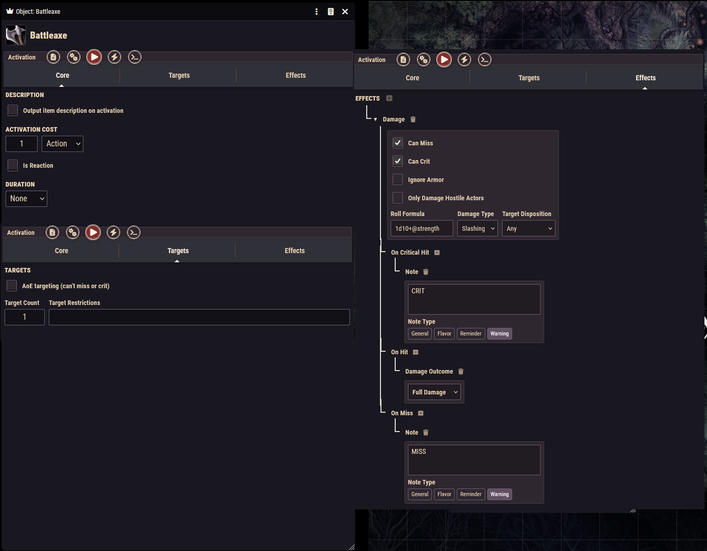 The Activation tab of an item with the Core / Targets / Effects sub-tab bar visible