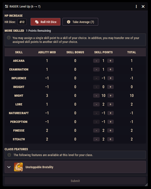 The level up dialog showing the HP increase choice and skill point section
