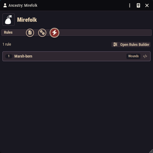 The Mirefolk ancestry's Rules tab showing the Maximum Wounds rule card