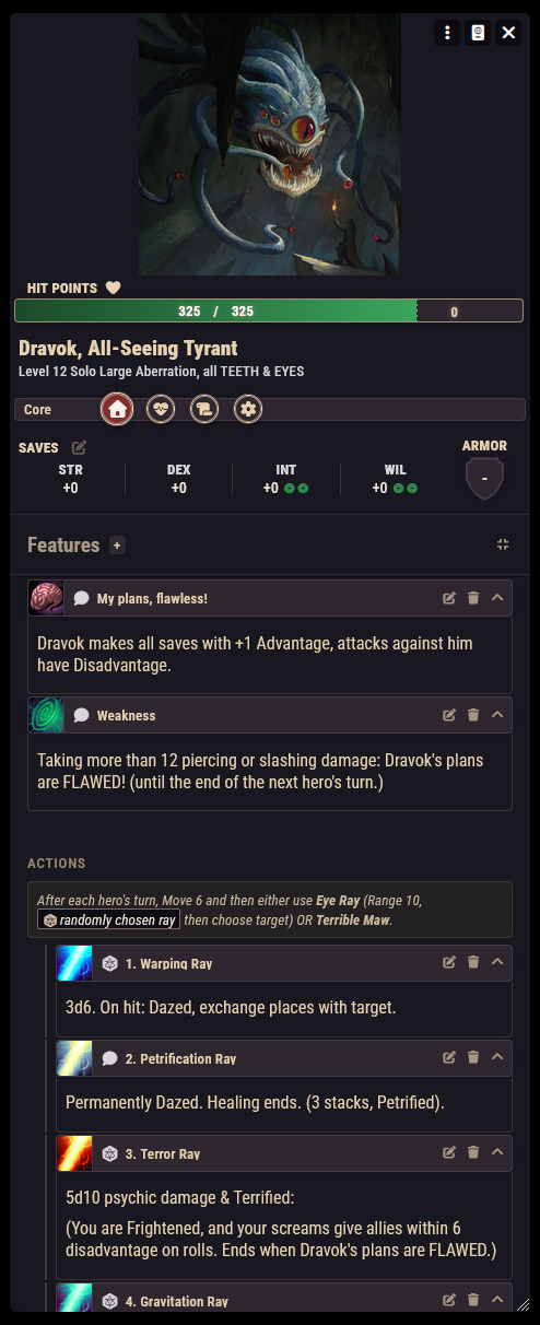 An NPC sheet showing the header (portrait, HP bar, metadata line) and the Core tab with a few features and actions