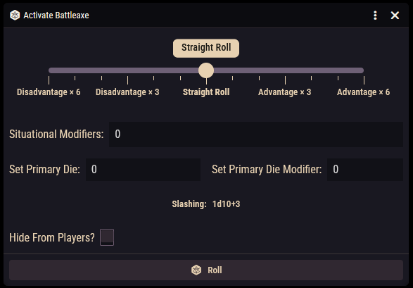 The check roll window showing the advantage/disadvantage slider and formula preview