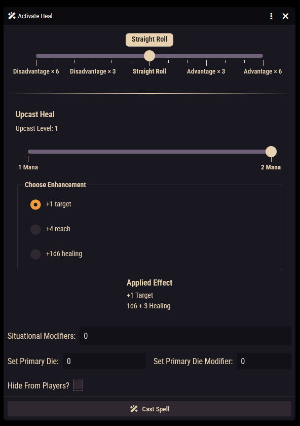 The cast window for an upcastable spell, showing the mana slider and the Applied Effect preview