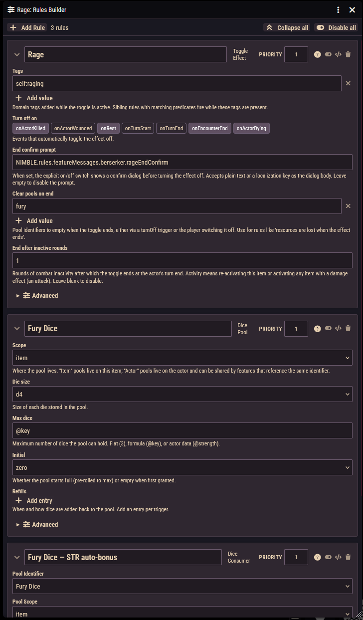 The Rules Builder window open on an item, with a rule card expanded for editing