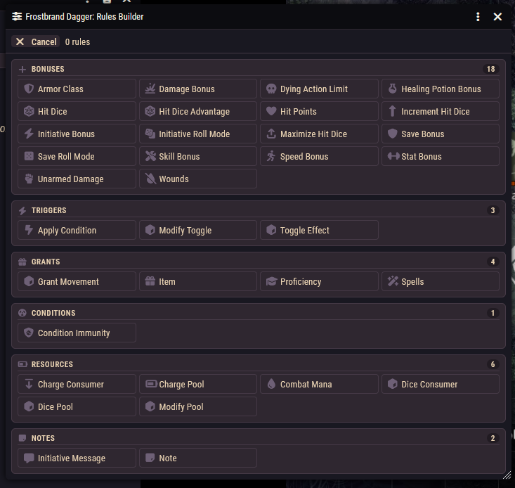 The Add Rule picker open, showing the six groups