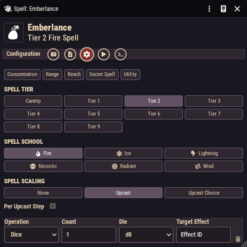 The Spell Scaling section with Upcast mode selected and a single +1d8 dice delta configured