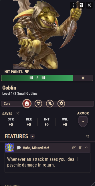 A Standard monster sheet on the Core tab, with the metadata line, HP bar, armor icon, and saving throws visible