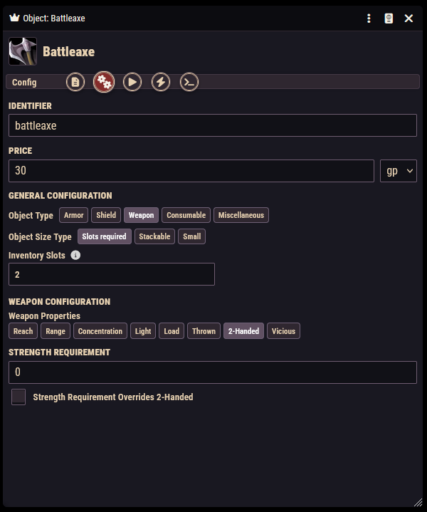 The Config tab of a weapon with the Weapon Configuration section expanded, 2-Handed selected, and the Strength Requirement fields visible